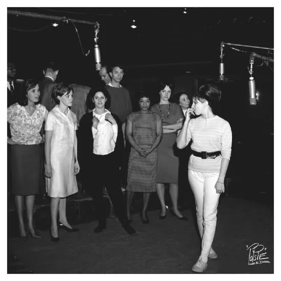 Barbra Streisand and company recording Funny Girl . Note Lainie Kazan, Barbra's standby, third from left.