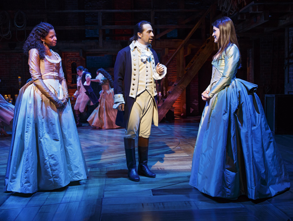 Renee Elise Goldsberry, Lin-Manuel Miranda and Philippa Soo in Hamilton .