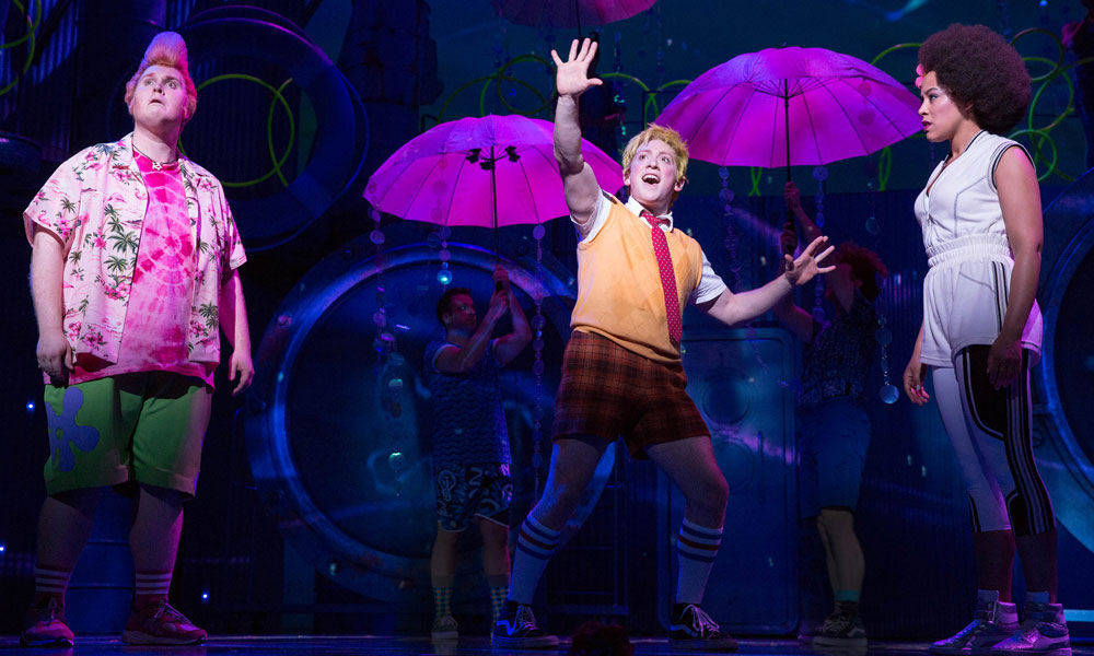 Danny Skinner as Patrick Star, Ethan Slater as SpongeBob SquarePants and Lilli Cooper as Sandy Cheeks