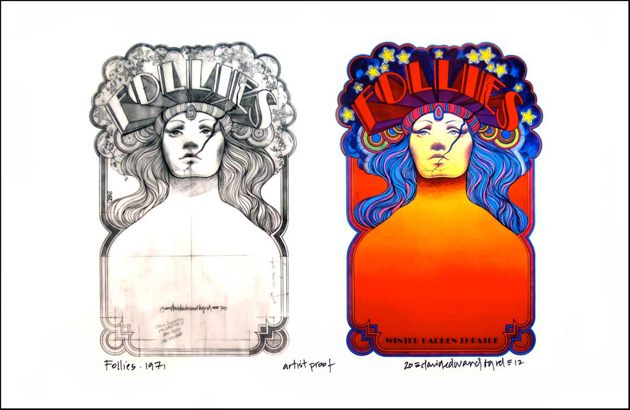 Follies 1971 Broadway poster concept sketch and final by David Byrd