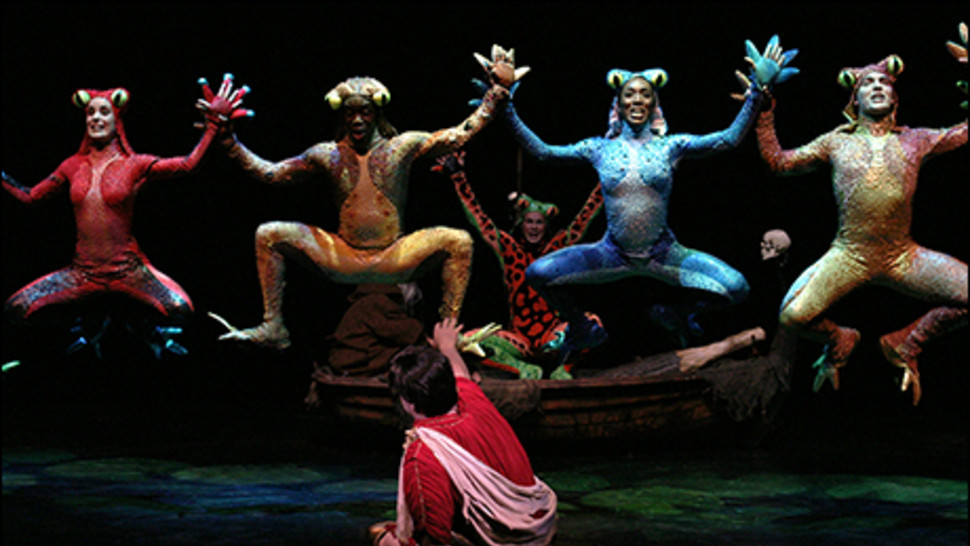 Nathan Lane and the ensemble of The Frogs .