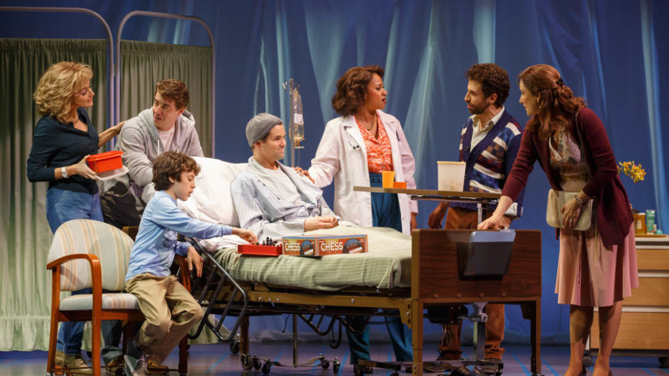 Betsy Wolfe, Christian Borle, Anthony Rosenthal, Andrew Rannells, Tracie Thoms, Brandon Uranowitz, and Stephanie J. Block in Falsettos .