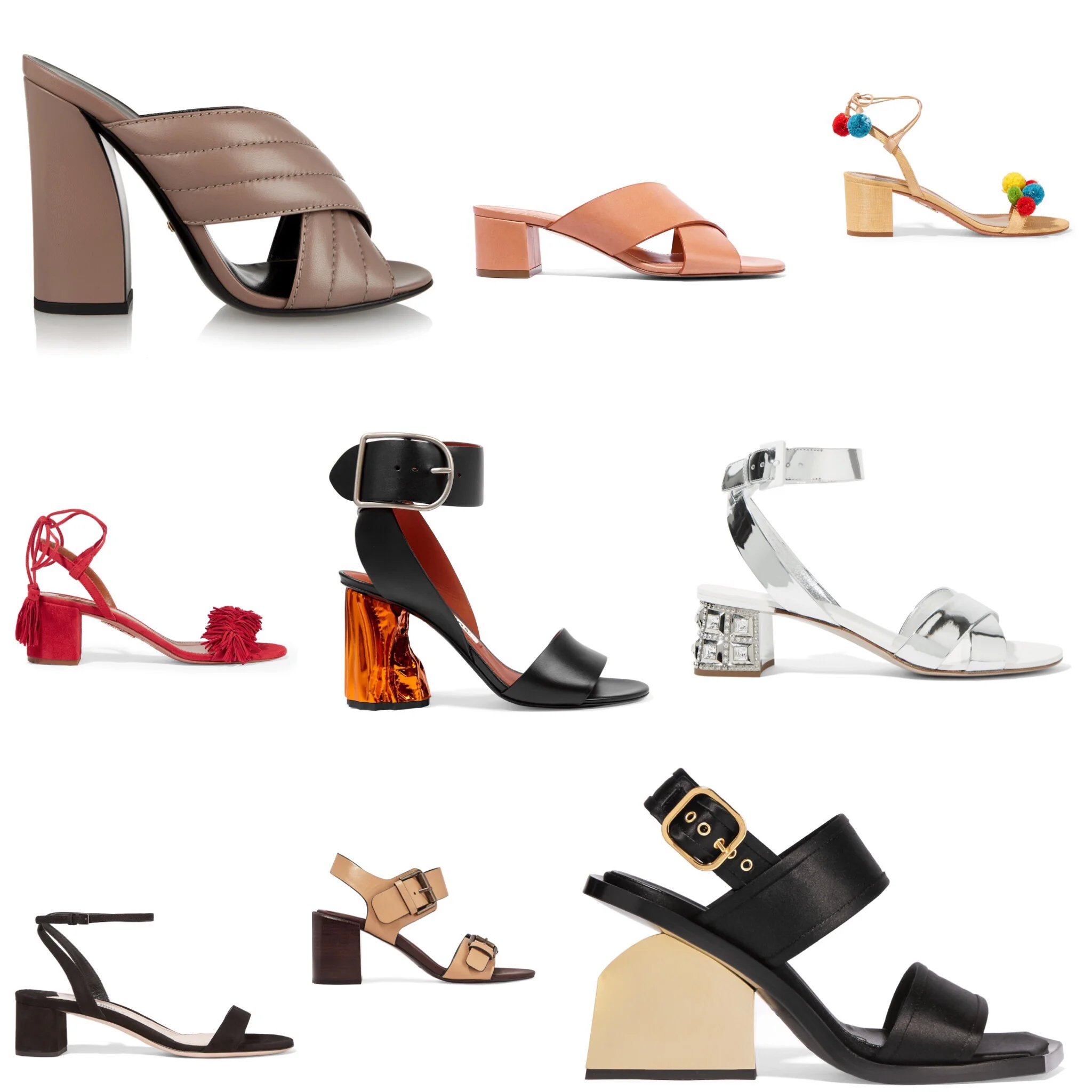 From the top: Gucci, Mansur Gavriel, Aquazzura, Aquazzura, Acne, MiuMiu, MiuMiu, See By Chloe, Marni all available at netaporter.com