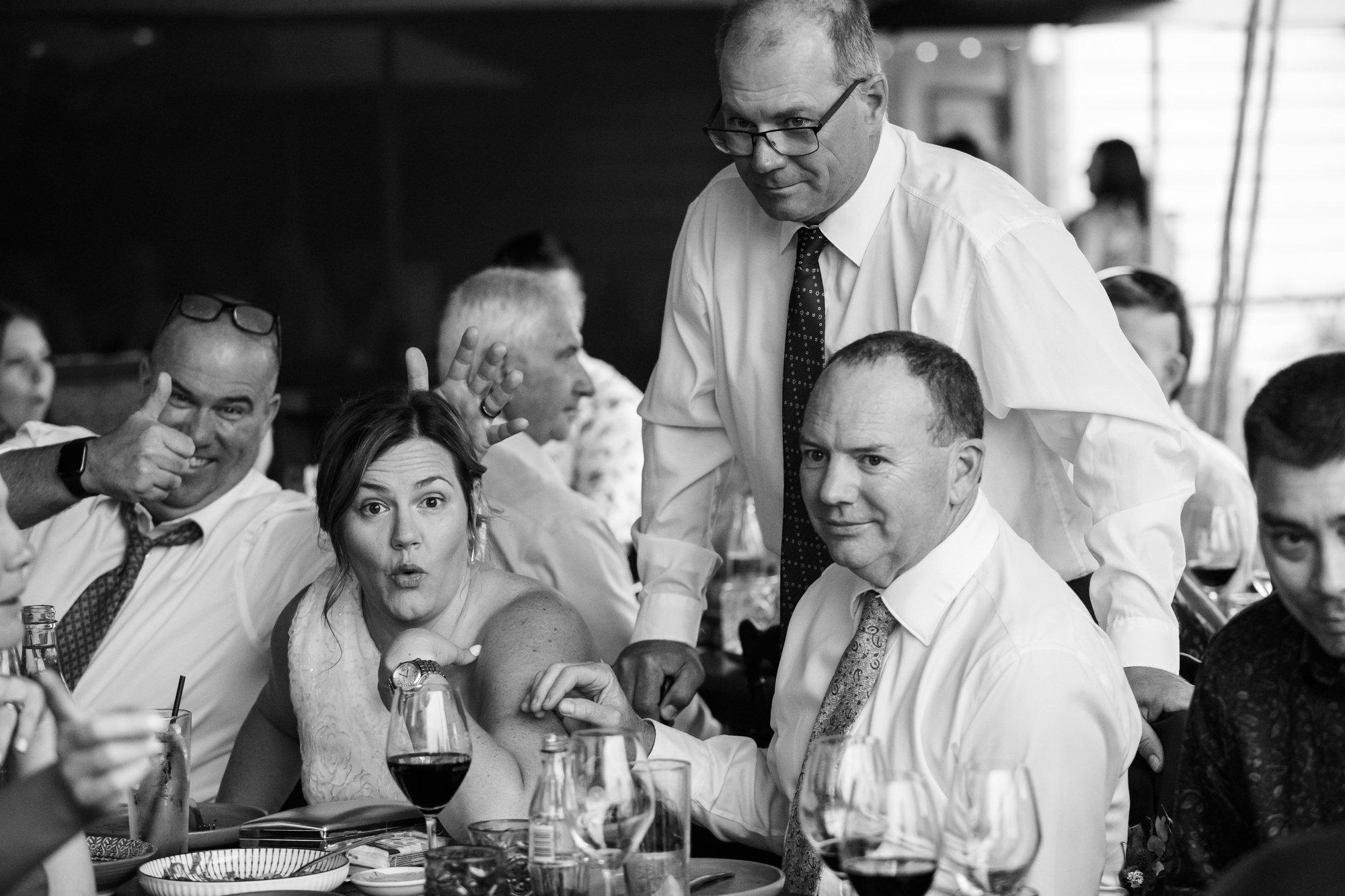 black and white pictures of wedding guests at reception
