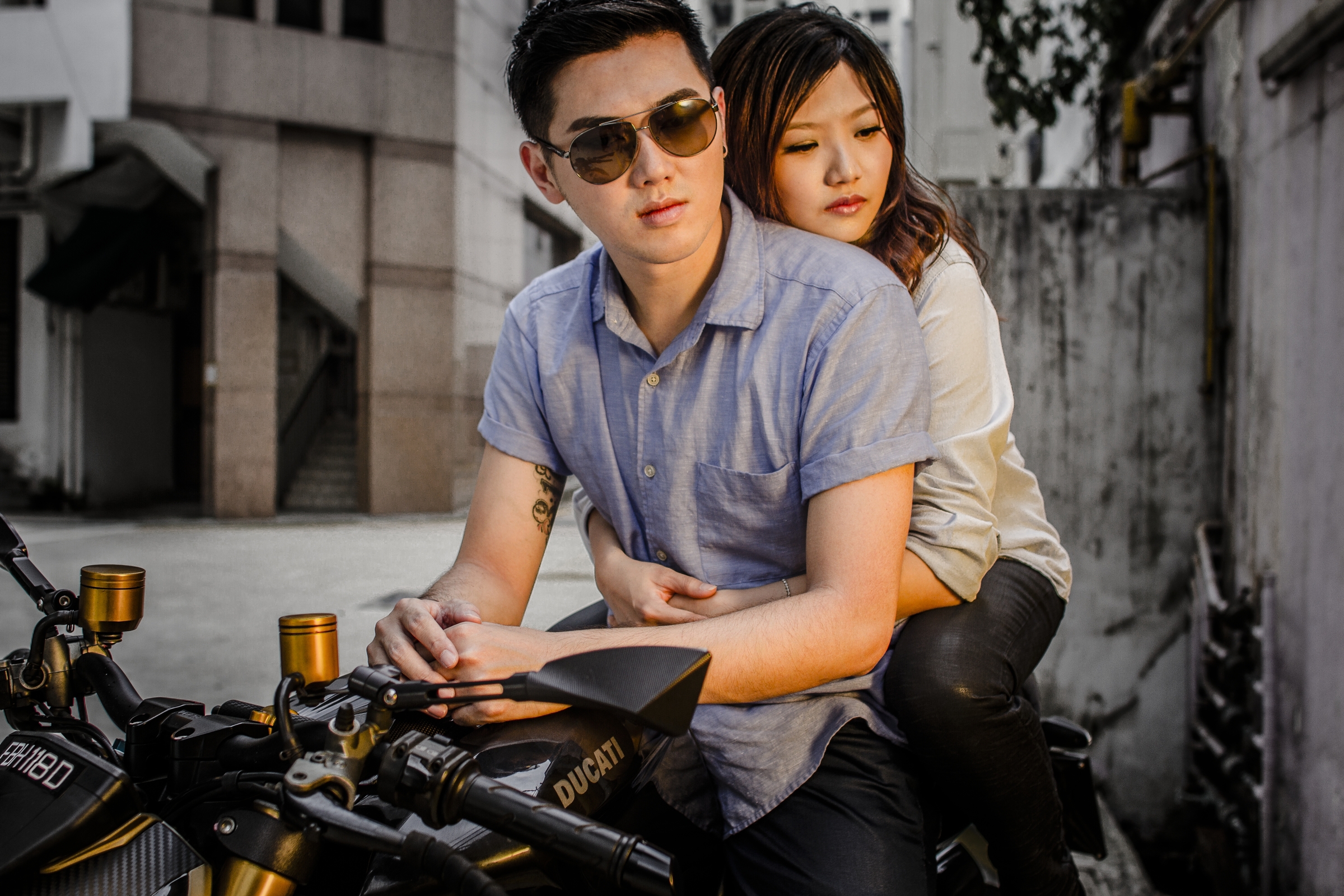 In this creative Hong Kong TVB drama inspired wedding shoot - Among the raw and gritty streets of Asia, there are Triads Gangsters, Tattoos,&nbsp;and Motorcycle&nbsp;Chases; all to woo a girl. 