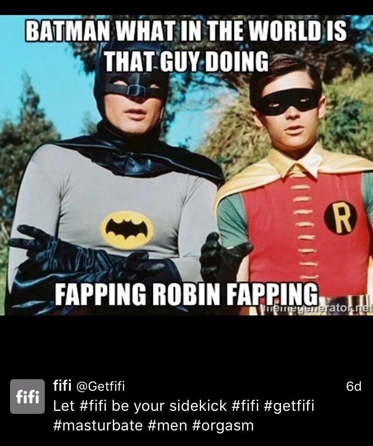 Seriously? There are so many better Batman images you could have used for this! Like this one ! Or this one ! Also, that bottom line makes it look like there's a new range of Robin action figure that has a patented "fapping" function. "Buy your kid the new Fapping Robin Action Figure and watch him fap all over the caped crusader" #orgasm