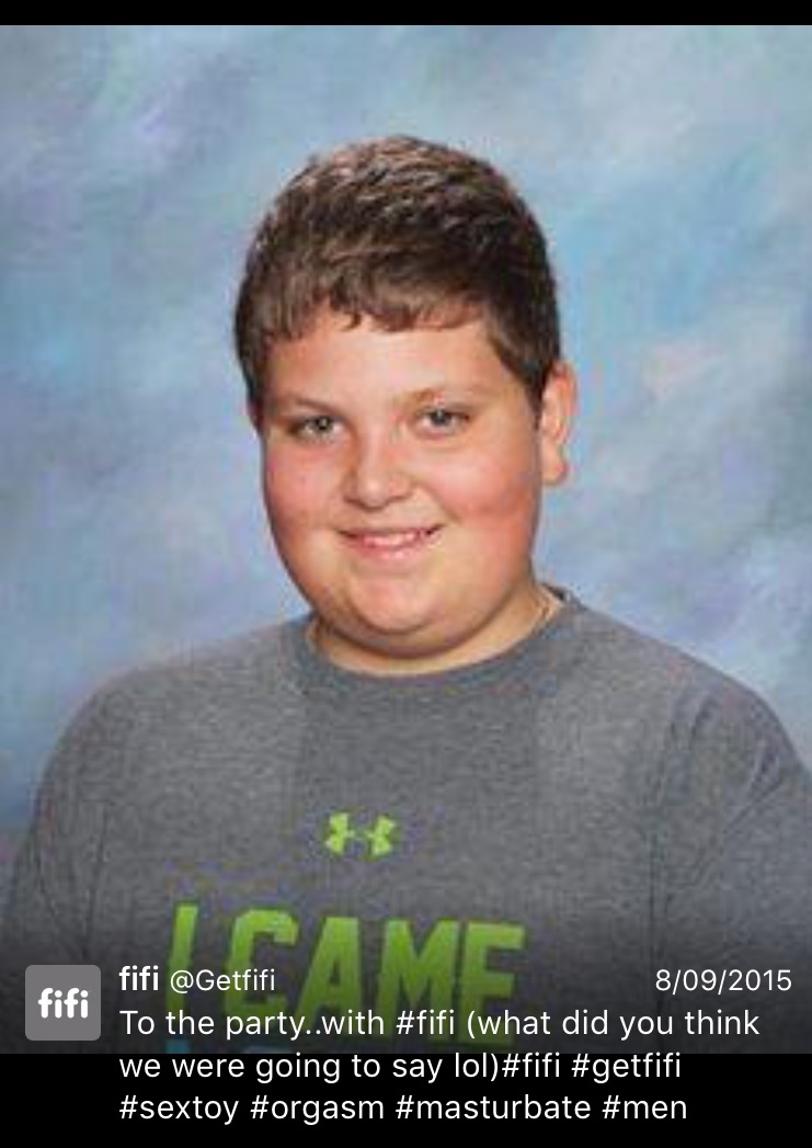 No, it's funny because his shirt says "I came", but that's also what it's called when you #orgasm. It's very funny. I love using children to sell sad little wank toys that don't work. Do it again #fifi!