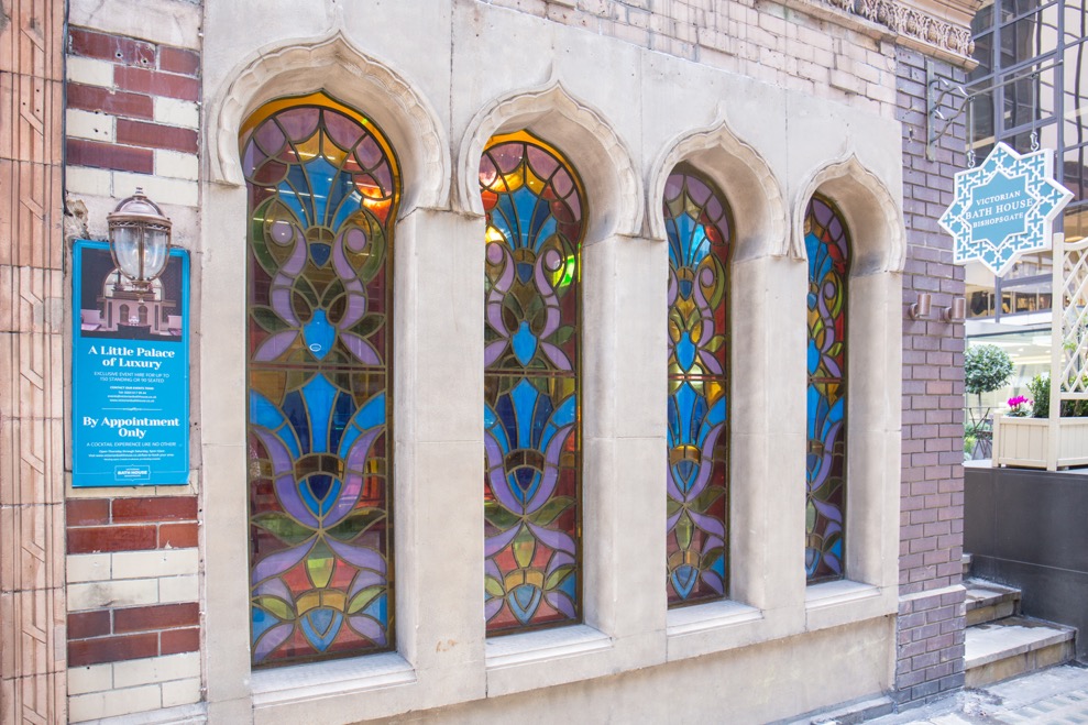 Victorian Bath House exterior, stained glass windows