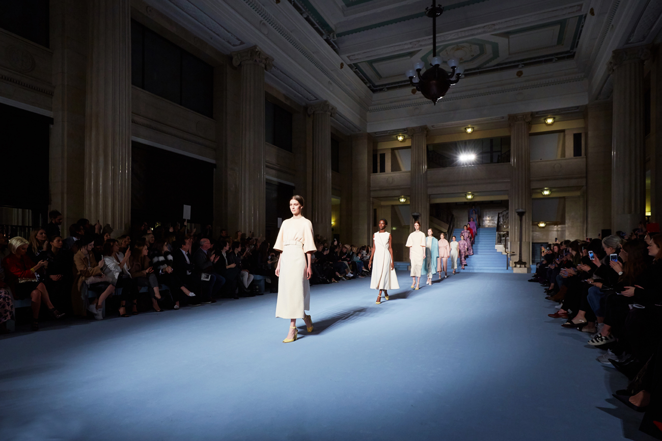 Banking Hall interior, models walking down a catwalk
