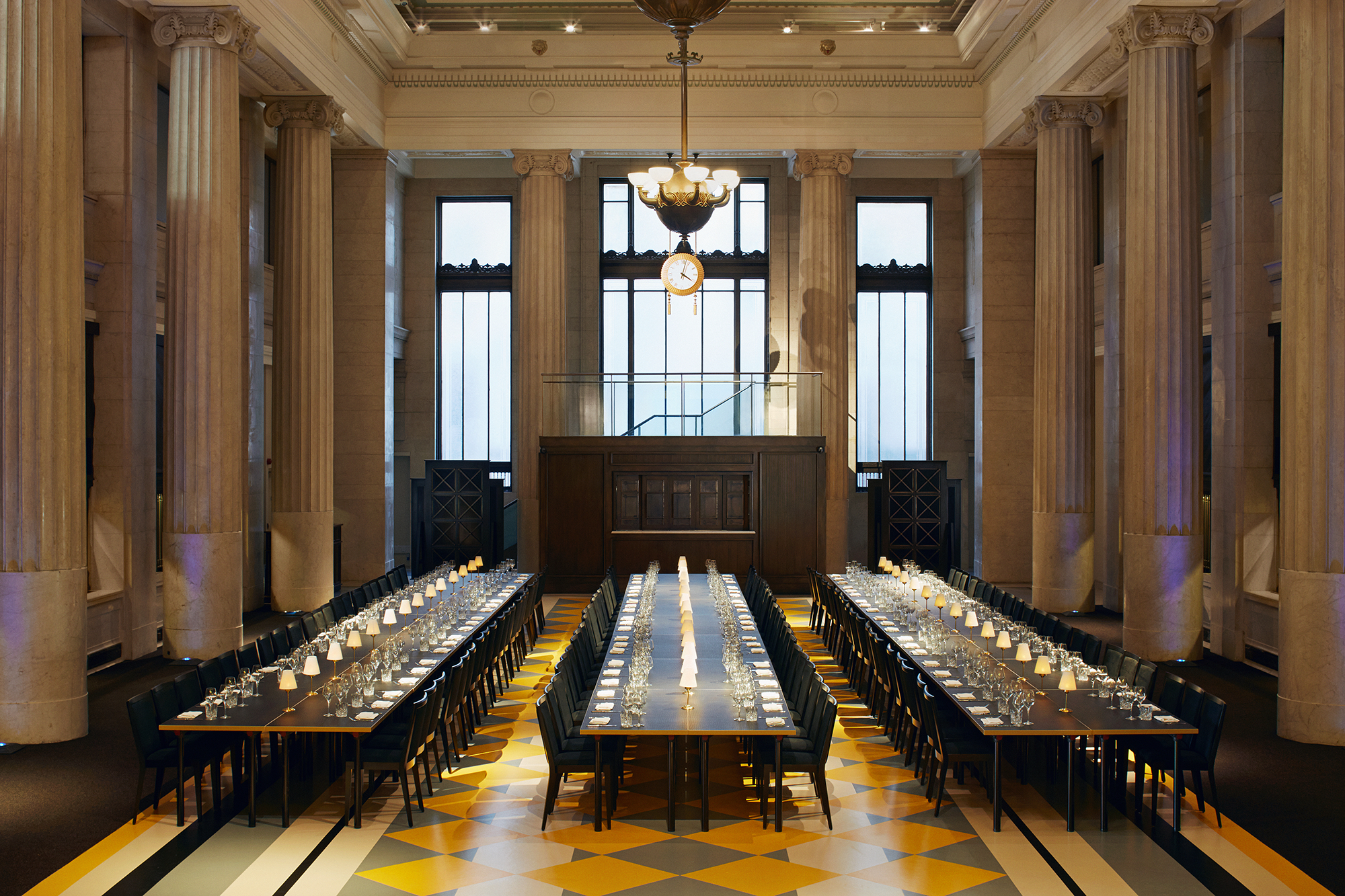 Banking Hall interior, banking hall with three long tables seating at least 200 people each