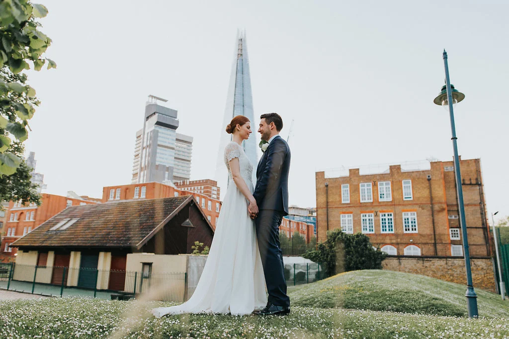 Tanner Warehouse exterior, a portrait of a just-married couple