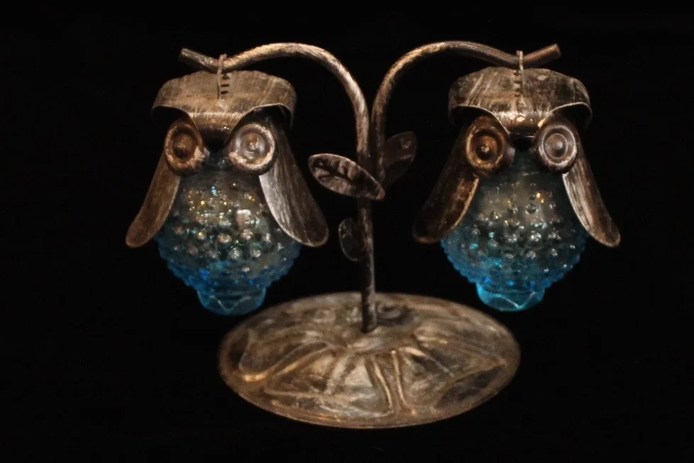 Vintage Owl on Tree, Hobnail Blue Glass