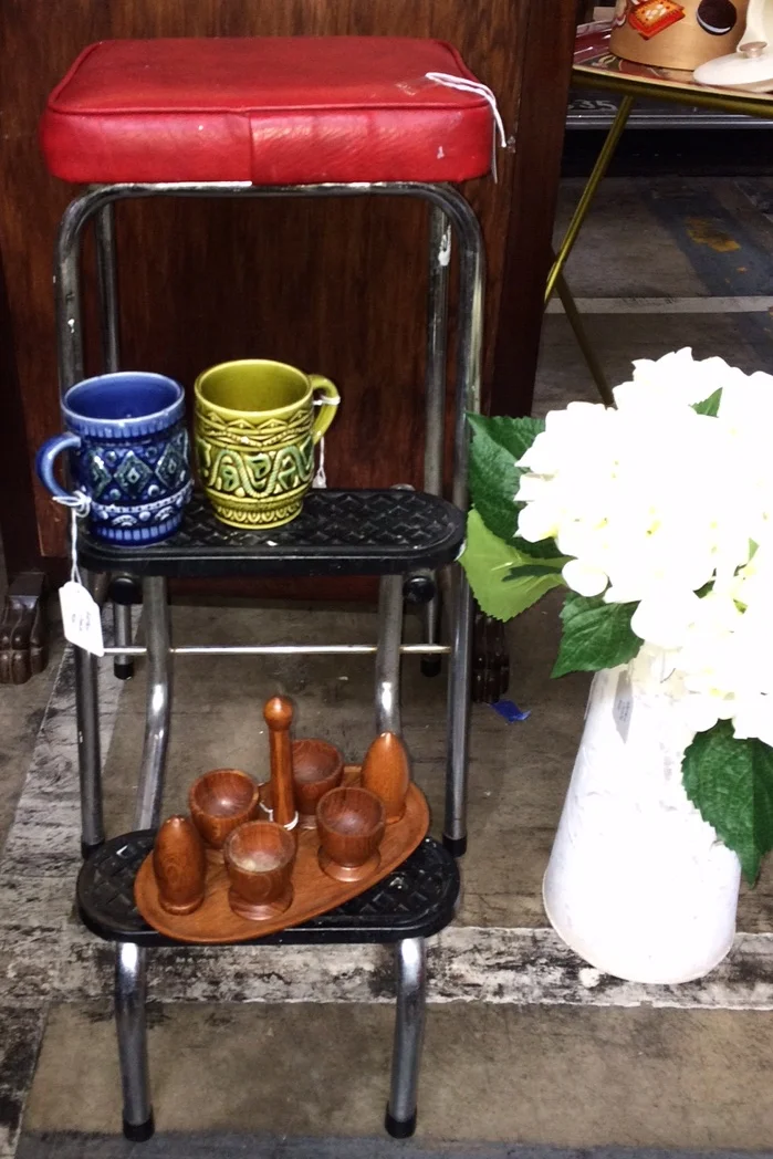 Chrome Stool, Japan Coffee Mugs and Teak egg Cups