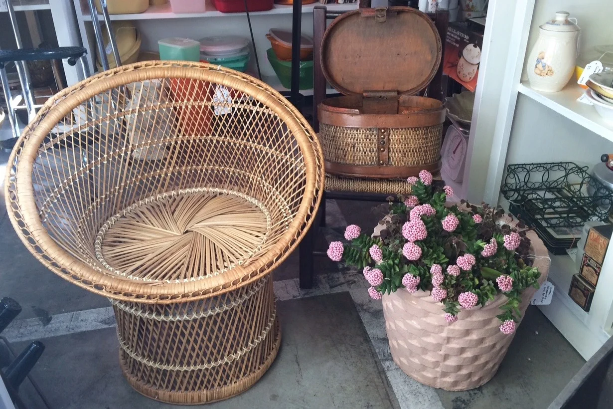 Vintage Child's chair and mid century pots