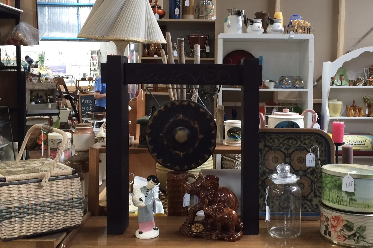 Vintage Gong, Sewing Backet, Tins and ceramic Elephant.