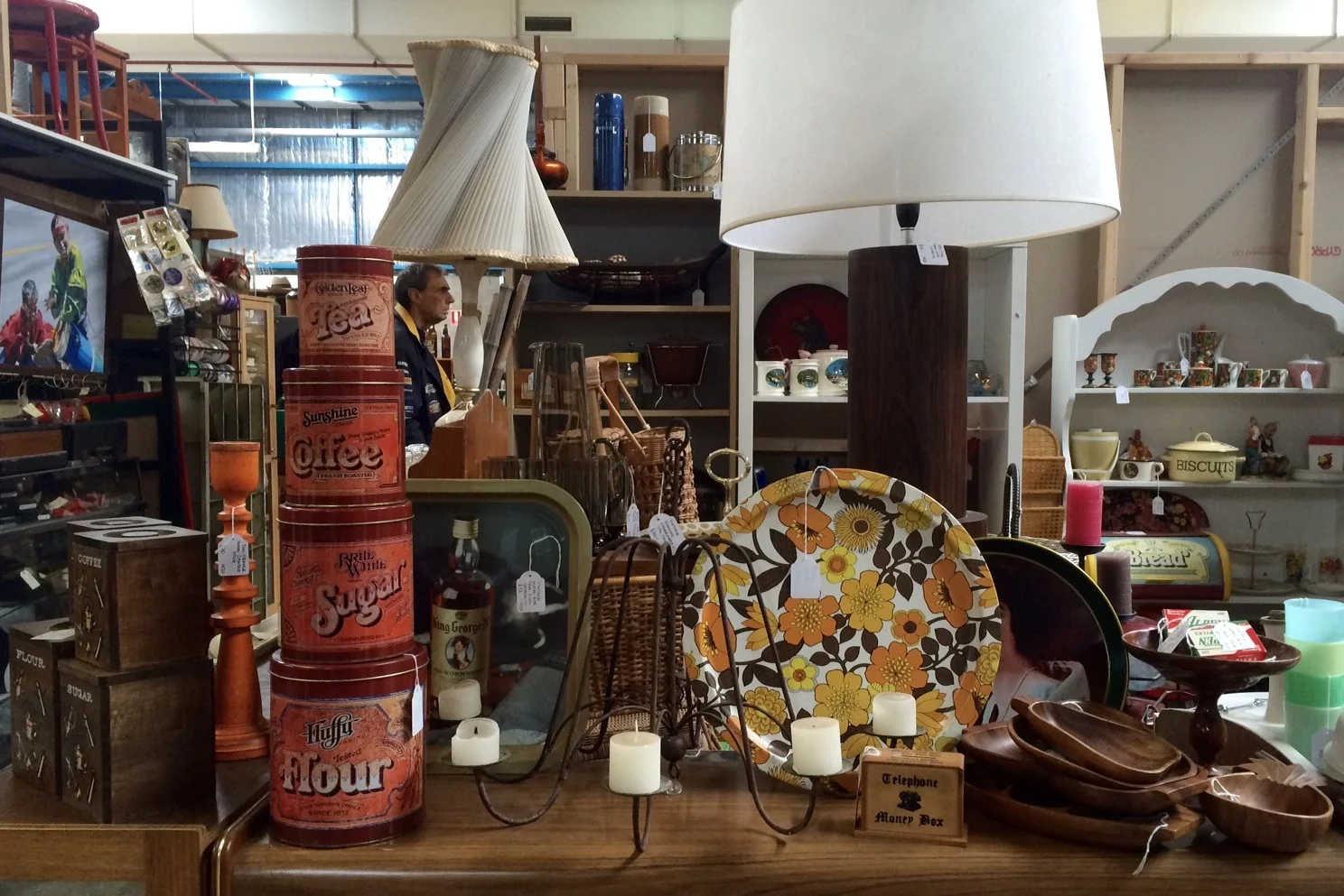 Vintage Metal Candelabra, Retro Trays, stacking Kitchen Tins and Wooden Serving Dishes