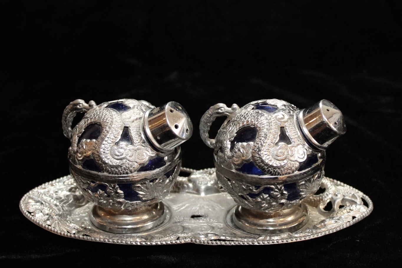 Chinese Dragon and Cobalt Glass Salt &amp; Pepper Shakers
