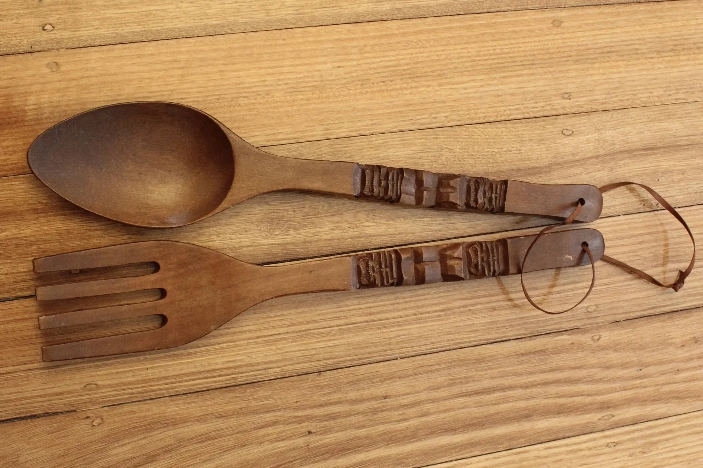 Retro Wooden Carved Fork and Spoon
