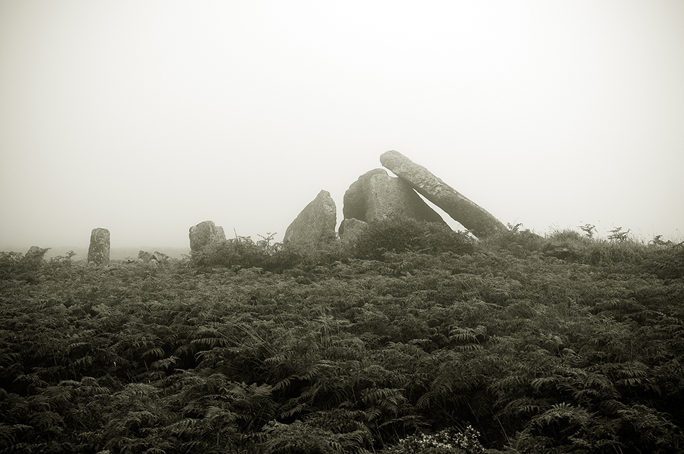 Zennor Quoit Neolithic dolmen emerging from the Cornish mist