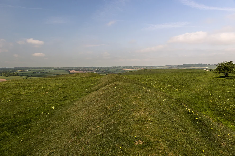 View from the inner rampart showing the unusual distance between each earthwork