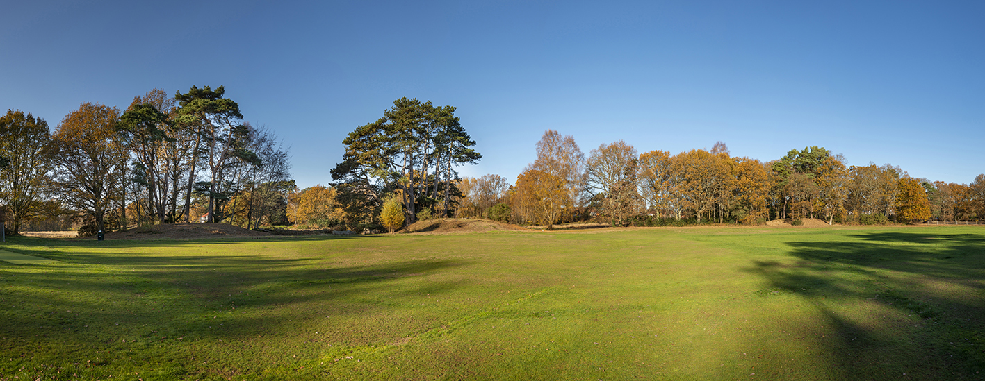 Three of about eight barrows around the edge of a cricket pitch. Possibly other barrows were levelled to provide a flat area for the pitch, but I hope not.