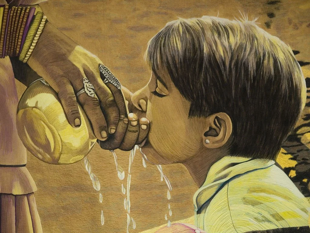 Painting of a tree with sparse leaves, rocky ground, and a pink and purple sky during sunset or sunrise.