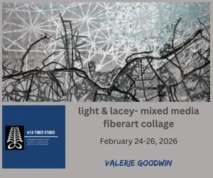 Light and Lacey- Mixed Media Fiber Art Collage with Valerie Goodwin
Tue, Feb 24, 2026, 9:00 AM EST &ndash; Thu, Feb 26, 2026, 4:00 PM EST
Aya Fiber Studio, 170 NE Dixie Hwy, STUART, Florida

🎨✨ Collage Magic Awaits! ✨🎨

Layer maps, florals, and geo