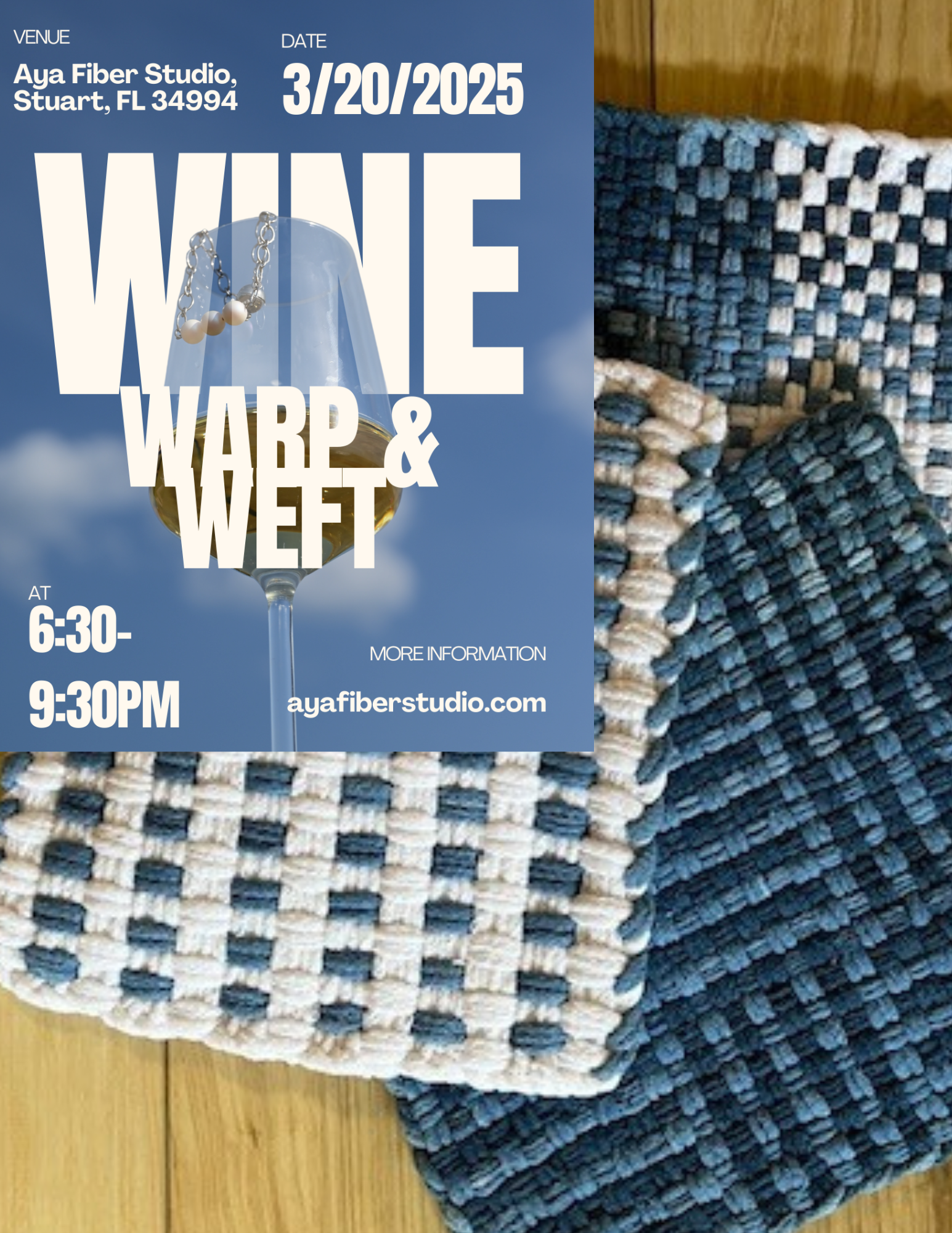 Event flyer with a wine glass holding pearls against a blue sky background, promoting a wine event at Aya Fiber Studio from 6:30 to 9:30 PM, located at Stuart, FL, with the date October 17.