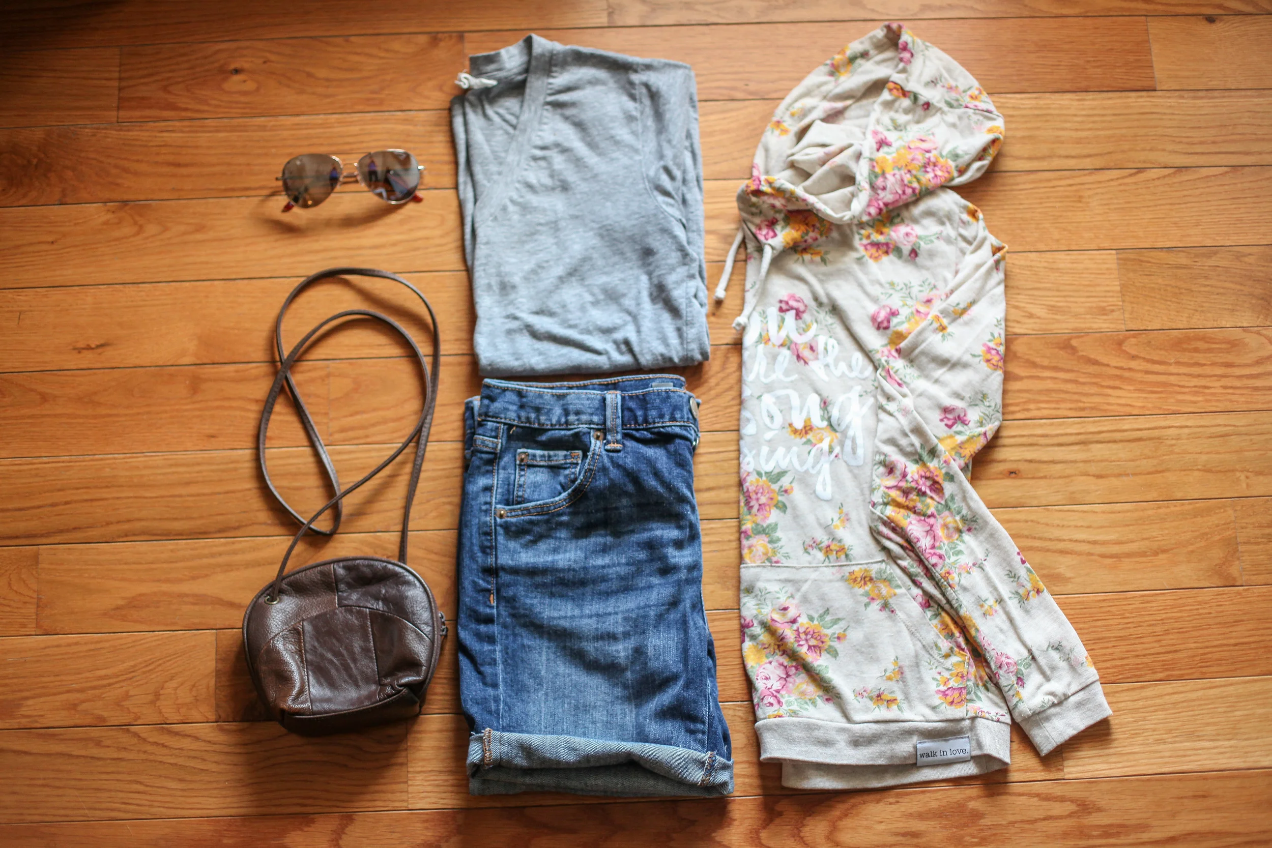 Jean Shorts: Target Purse: Garage Sale T-Shirt: F21 Sweatshirt: Walk in Love Sunglasses: Target