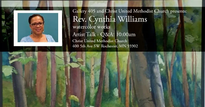 Sunday June 10, Rev. Cynthia Williams will give an Artist talk around her work that is has been on display in the 405 Gallery at Christ United Methodist Church. "I recently read a book highlighting watercolor artists that asks the question, “why do you paint? It is a great question for me. I paint because it is the best way I have found to keep Sabbath and honor my creativity within. I paint in watercolor because it is a medium that reminds me that no matter how I attempt to control it, the water, when added to paint and paper will do what it will do. And more often, it is something more interesting and beautiful than I could imagine. It is a metaphor for my life and journey." - Rev. Cynthia Williams Biography: Rev. Cynthia Williams, is an ordained Elder in the United Methodist Church and serves as Superintendent, River Valley District in the Minnesota Annual Conference. She previously served in the dual role as Associate Pastor at Camphor Memorial United Methodist Church in St Paul, MN and at Park Avenue United Methodist Church in Minneapolis. Her work as pastor, teacher and preacher is enhanced through her work as a life coach – calling organizations and individuals to intentionally and authentically embrace their identity, creativity and wholeness in Christ. Prior to entering full-time ministry, Rev. Williams spent over 20 years in the financial services industry in customer operations focusing on client intelligence initiatives, strategic planning and staff and systems development. Rev. Williams earned a Bachelor of Science in Communications from the University of Tennessee, Knoxville and a Masters of Divinity from Luther Seminary, St Paul, MN. In 2015 she became a member of the Collegeville Institute Fellows Program. Cynthia also serves on the Board of Trustees for United Theological Seminary of the Twin Cities.