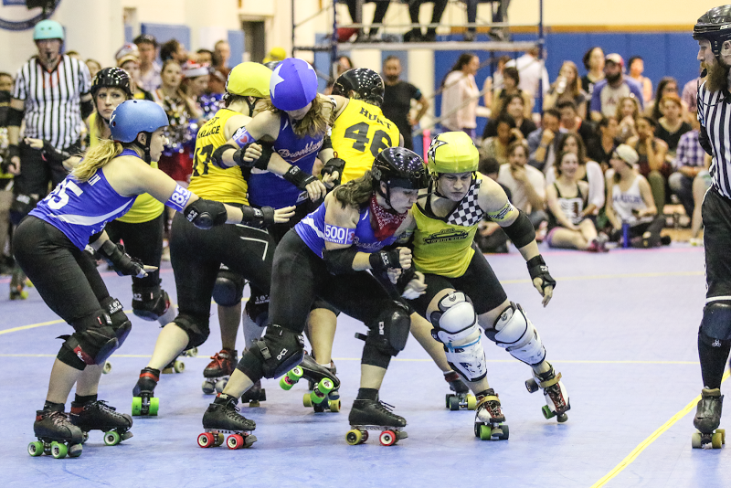 Fisher Twice (right) was the Gridlock's highest-scoring jammer and game MVP. Photo by David Dyte.