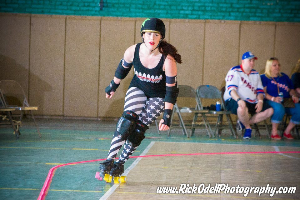 Miss US Slay jams for Suburbia Roller Derby, before joining Gotham for the 2016 season. Photo Rick Odell.