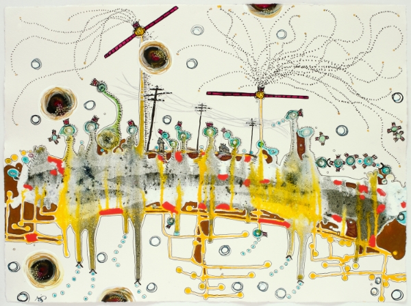  Margaret Withers, paper pushing timestamp of my being, gouache, ink, watercolor on paper, 22" x 30"