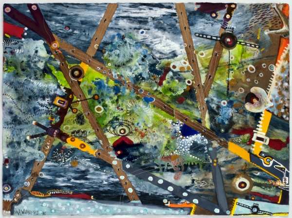 Margaret Withers, swamping tideless wrapped in coaxial cable floated the east river regatta , 2014 watercolor, gouache, ink on paper 22x30"