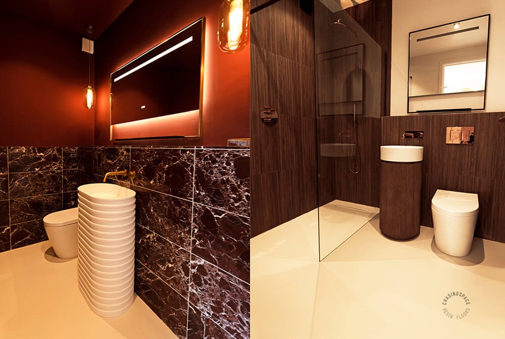 Split-screen interior of a high-end toilet and shower room, showcasing a light-toned resin floor.