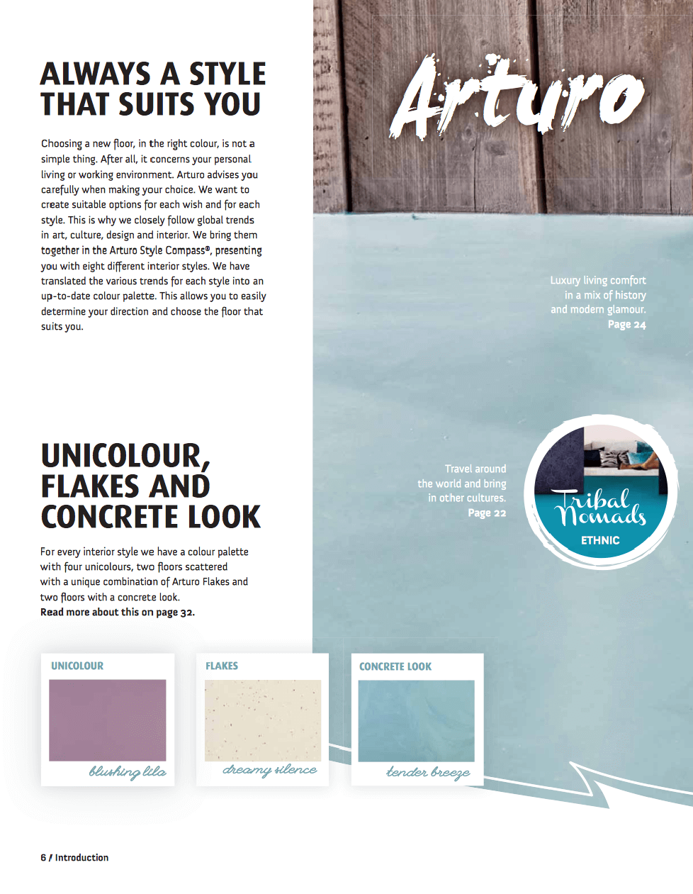 Arturo brochure showcasing Unicolour Flakes and Concrete Look floor options.