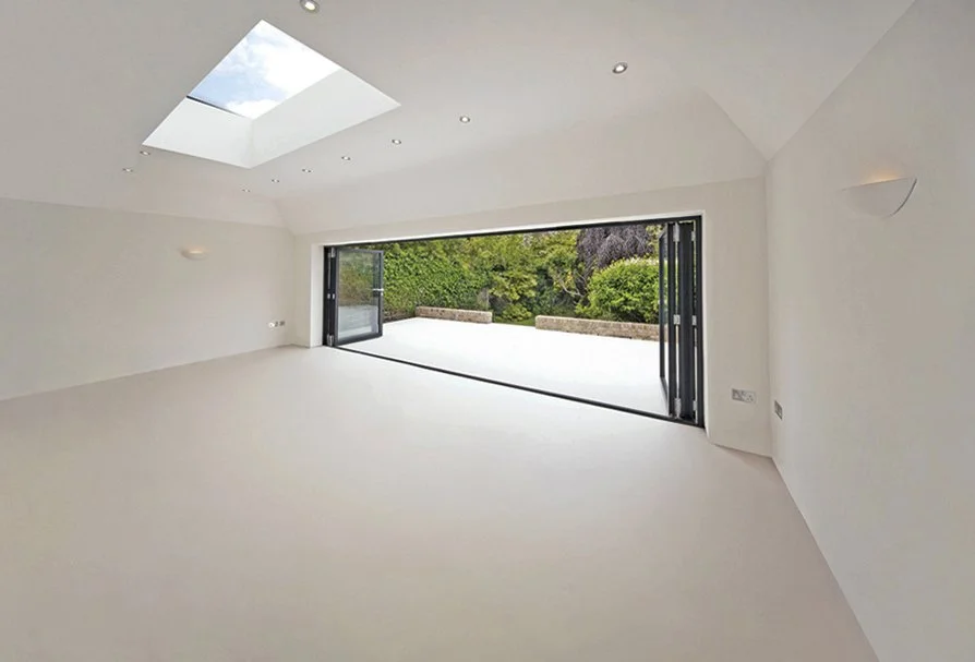 Seamless resin floor, connecting indoors and out.