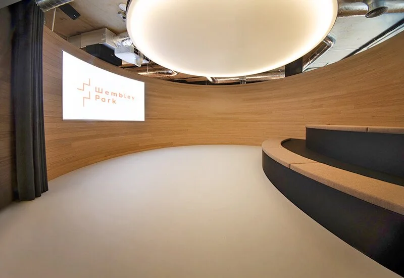 Curved timber walls wrap around a grey resin floor in this modern, minimalist presentation space with tiered seating.
