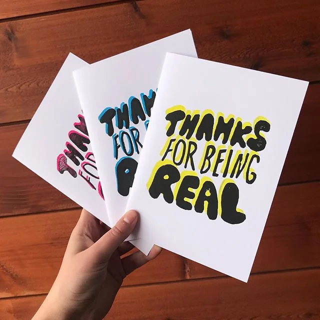 3 packs of these babies, as well as a couple other little things are now available on my site! Link in bio ✨
.
.
.
.
#thanksforbeingreal #thankyoucard #handprinted #blockprinting #blockprint #printmaking #greetingcards #designer #design #handmade #ty
