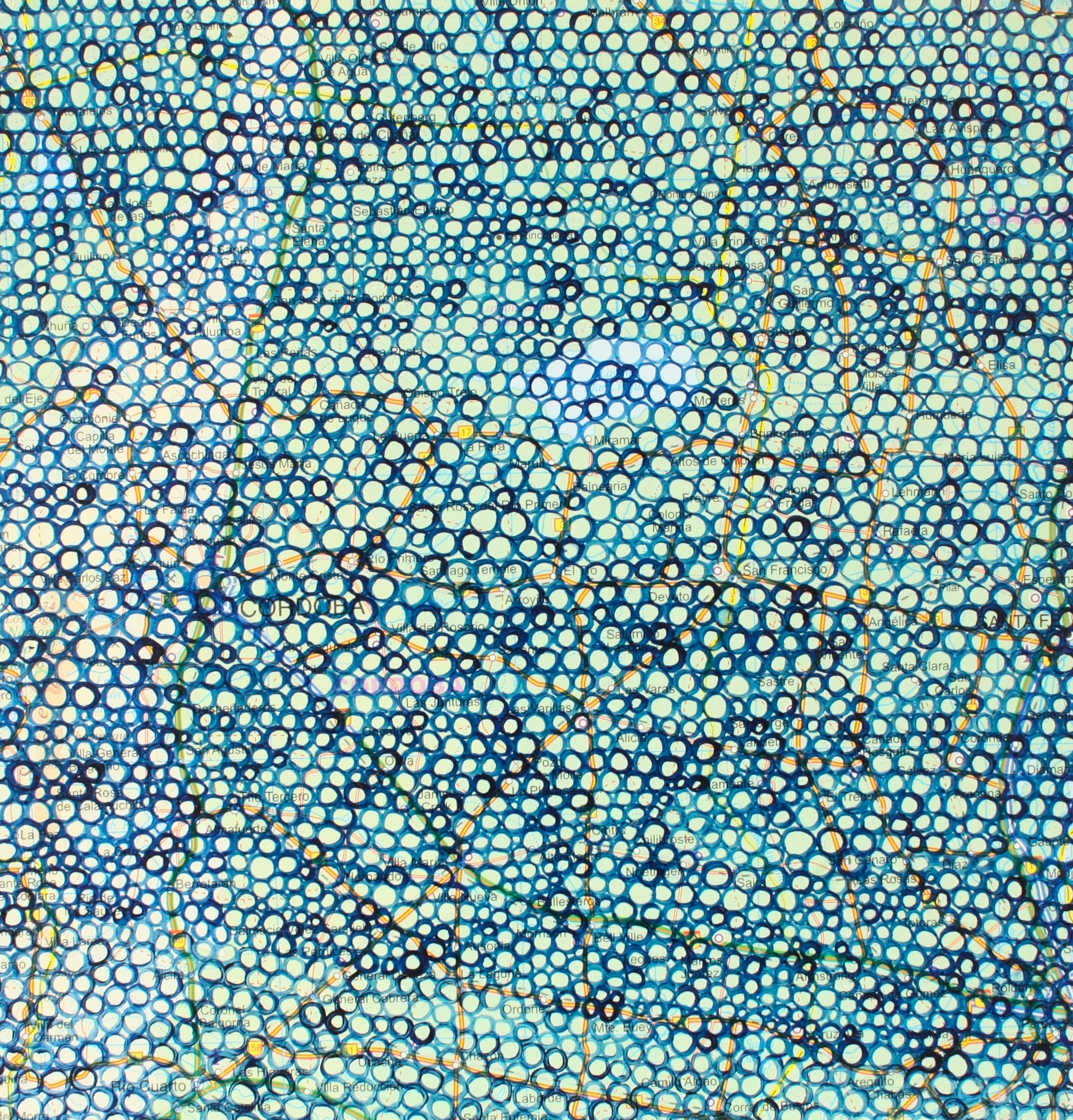 Cordoba (Colbalt blue) , acrylic, found map on board. 8 x 8 " 2014