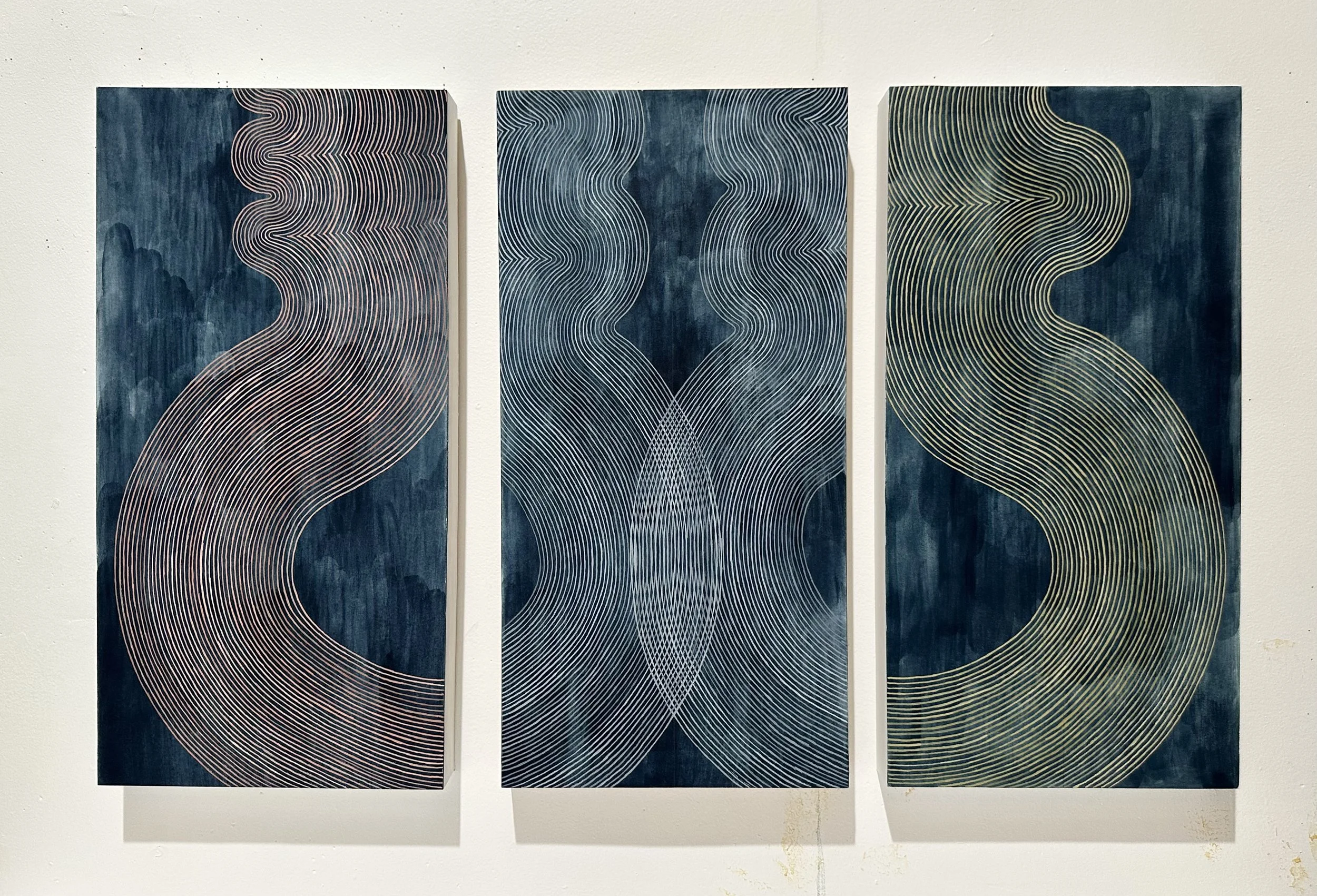   Pulpo  (triptych), 2025, handmade watercolor and beeswax on paper mounted to cradled wood panel, 10 x 20 in each. 10 x 30 in overall. 