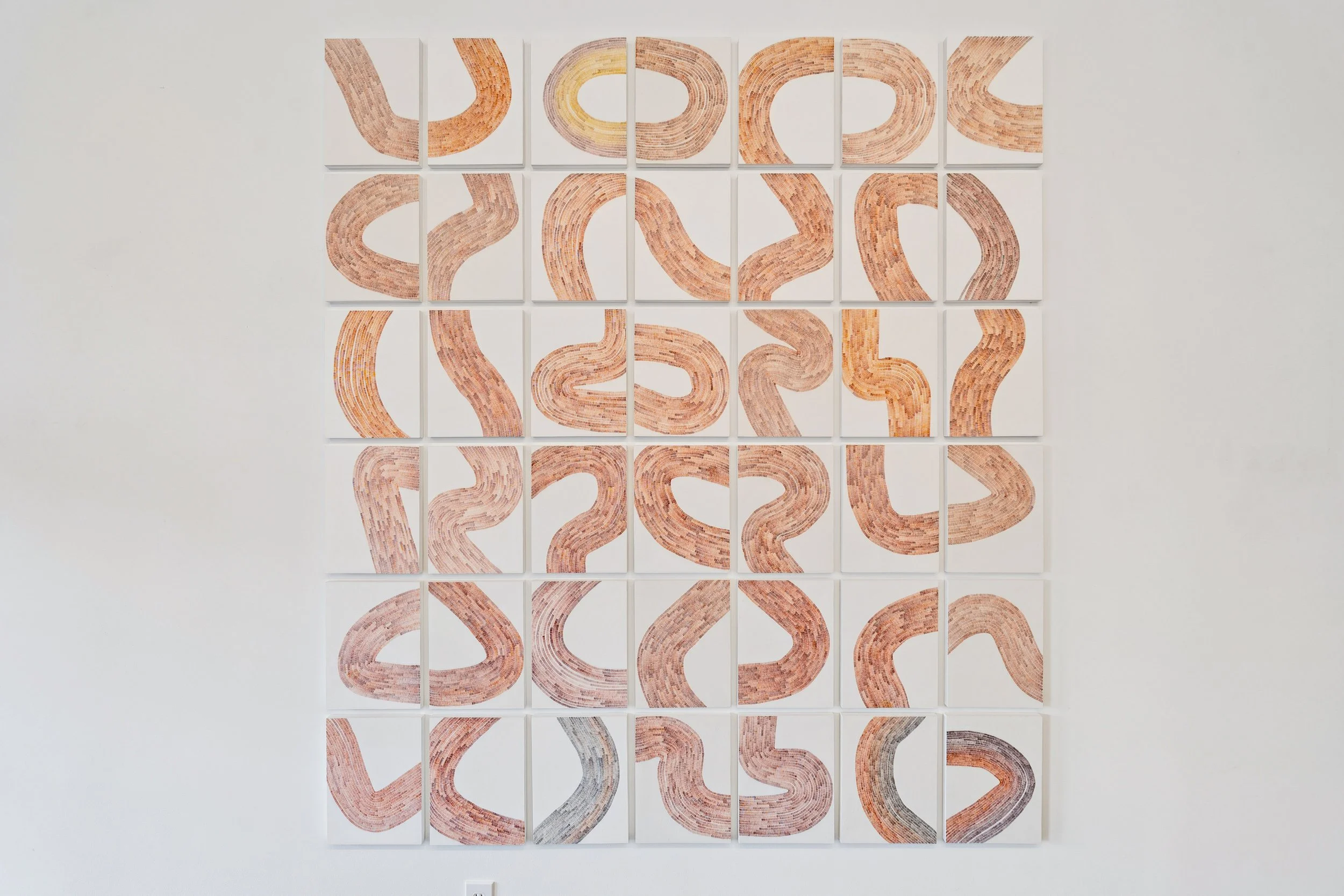   Tending , 2018, forty-two watercolor paintings on paper mounted on cradled panel, wax medium, 12 x 9” each, 77 x 69” approx. overall.  