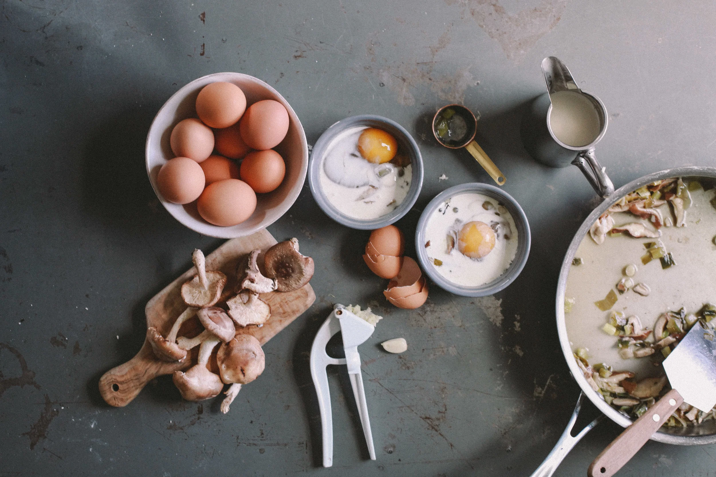 We decided to prepare Eggs en Cocotte with mushrooms and spring onions as a savory brunch item for mom. Our favorite ingredient in the eggs? Wine. It gave the dish such a strong, bold flavor.