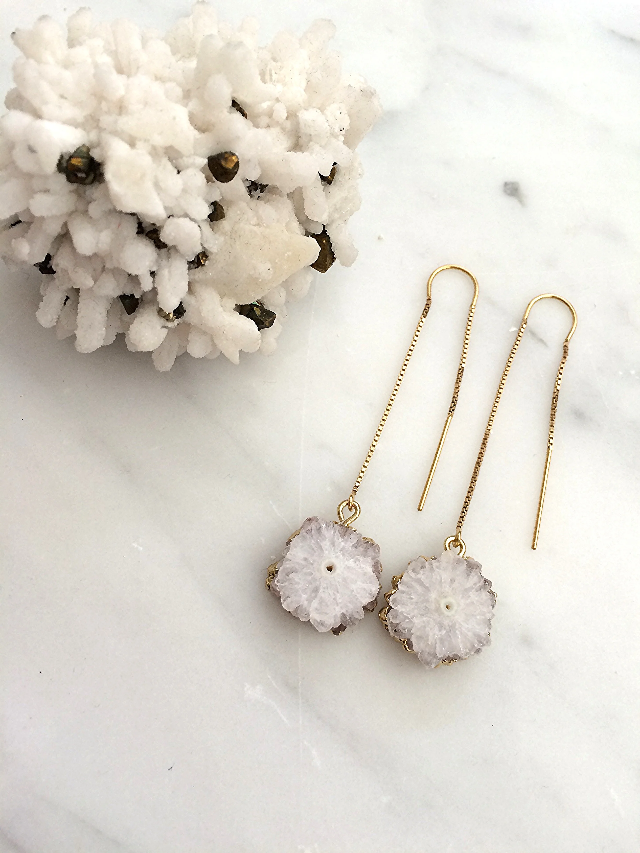 Natural Solar Quartz Flowers w/ 24k gold electroplated edging hung from 14k gold filled earring threads