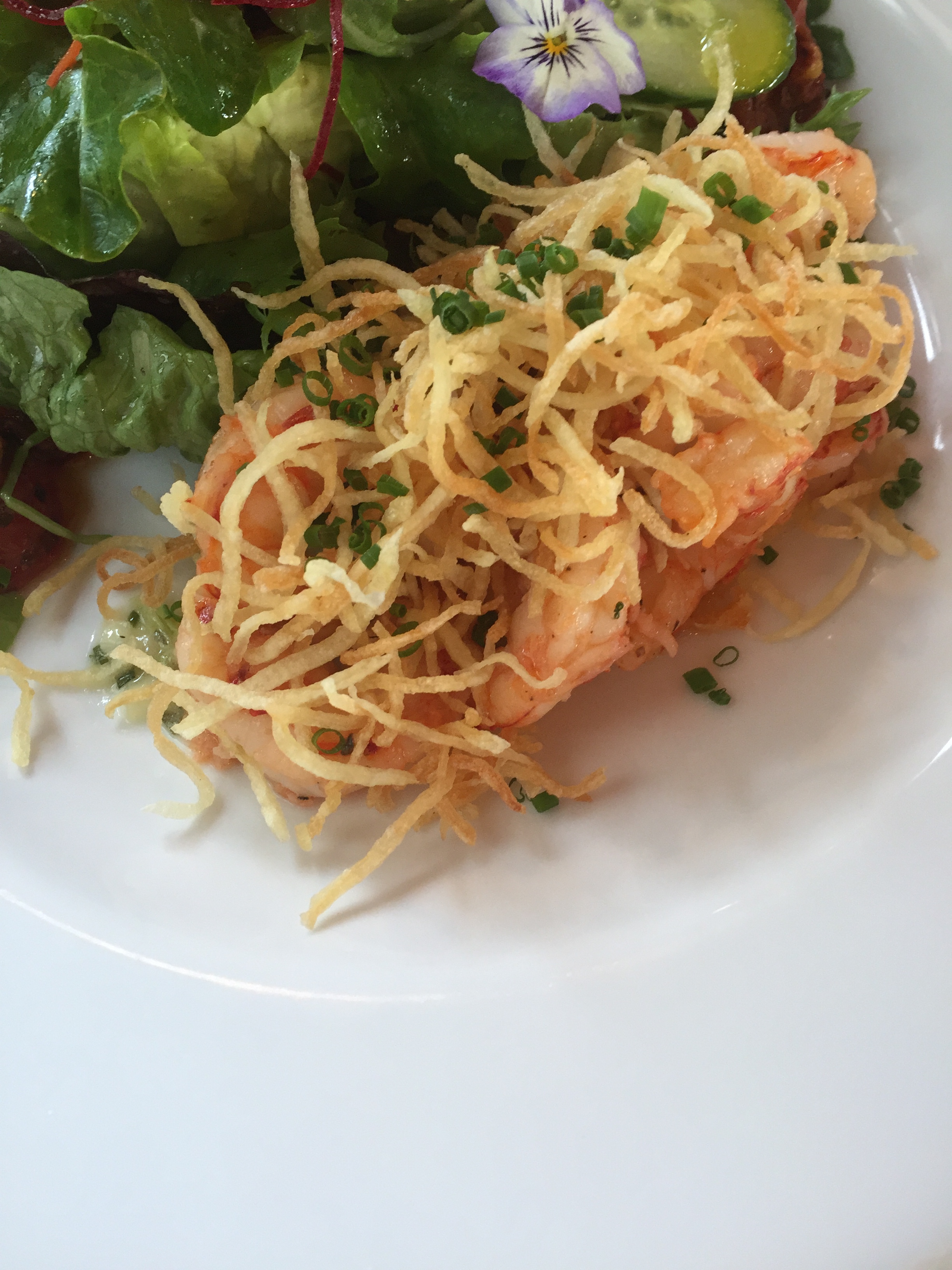 Pacific Prawns, organic greens and potato straws