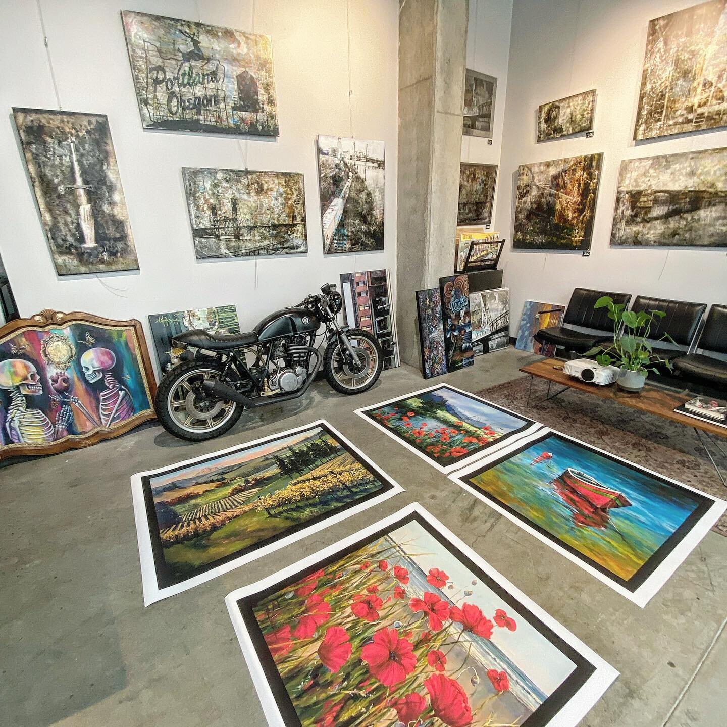 When you run out of space on your drying rack and tables you gotta improvise. #floor #flowers #poppies #oils #watercolor #motorcycle #fineart #art #printing #prints #pdxart #pdxartist #pdx #local #smallbusiness #portland #oregon #pnw #artwork #print 