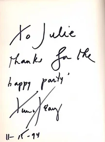 Timothy Leary signed his Chaos and Cyber Culture Book for the show he did with Jean Bastarache at the Main Street, Santa Monica Gallery.
