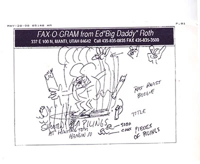 A fax sent to the Julie Rico Gallery. Julie asked Ed to create Rat Fink's surfing. He sent this and did some posters thereafter.