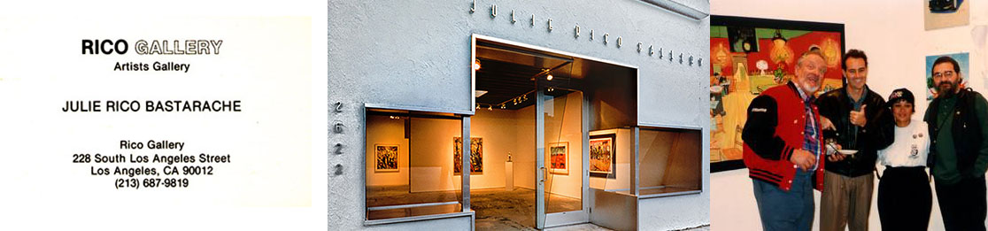 1992-1995 Julie Rico Gallery 2623 Main Street, Santa Monica, CA A huge effort that spawned numerous art careers and helped the Pop Surrealism movement take hold. Shown in the picture above is Ed "Big Daddy" Roth (left) Greg Escalante (center) Julie Rico (center) Stanley Mouse (right). This was the Master Finks Showdown exhibition with Robert Williams too. Special thanks to Greg Escalante for hooking us up with Ed and everything else. I guess Doug Nason helped too, WOW! Please note the Black and White Card is from the first gallery effort from 1988-1990