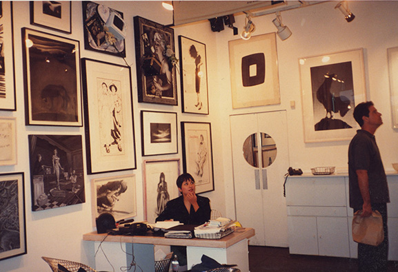 Working at the B-1 Gallery, Jeff Poe came up with this idea for a show called the Black and White show. It was really good. See Jean Bastarache's painting to your left with the body builder woman. This is the only shot we have of this painting. It sold. I met Greg Escalante at this gallery.